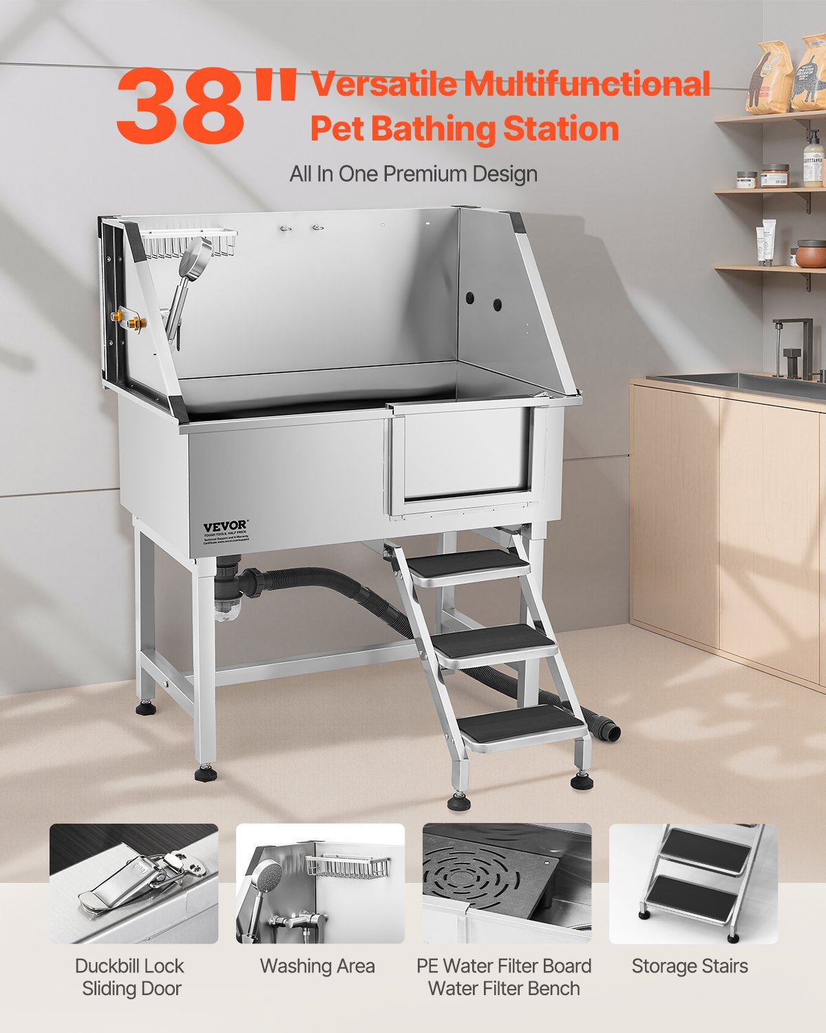 Stainless Steel Dog Grooming Bath Tub with Stairs & Showerhead