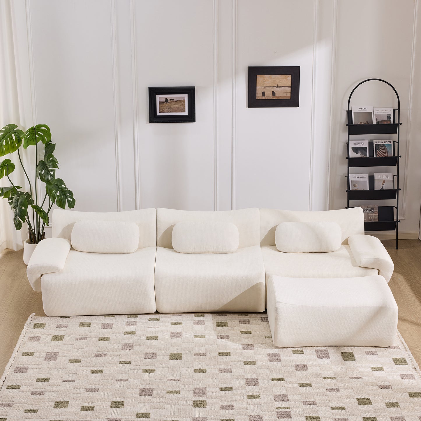 Modular Bamboo Joint Armchair - Extra-Large Chenille Sofa with 3 Pillows - White