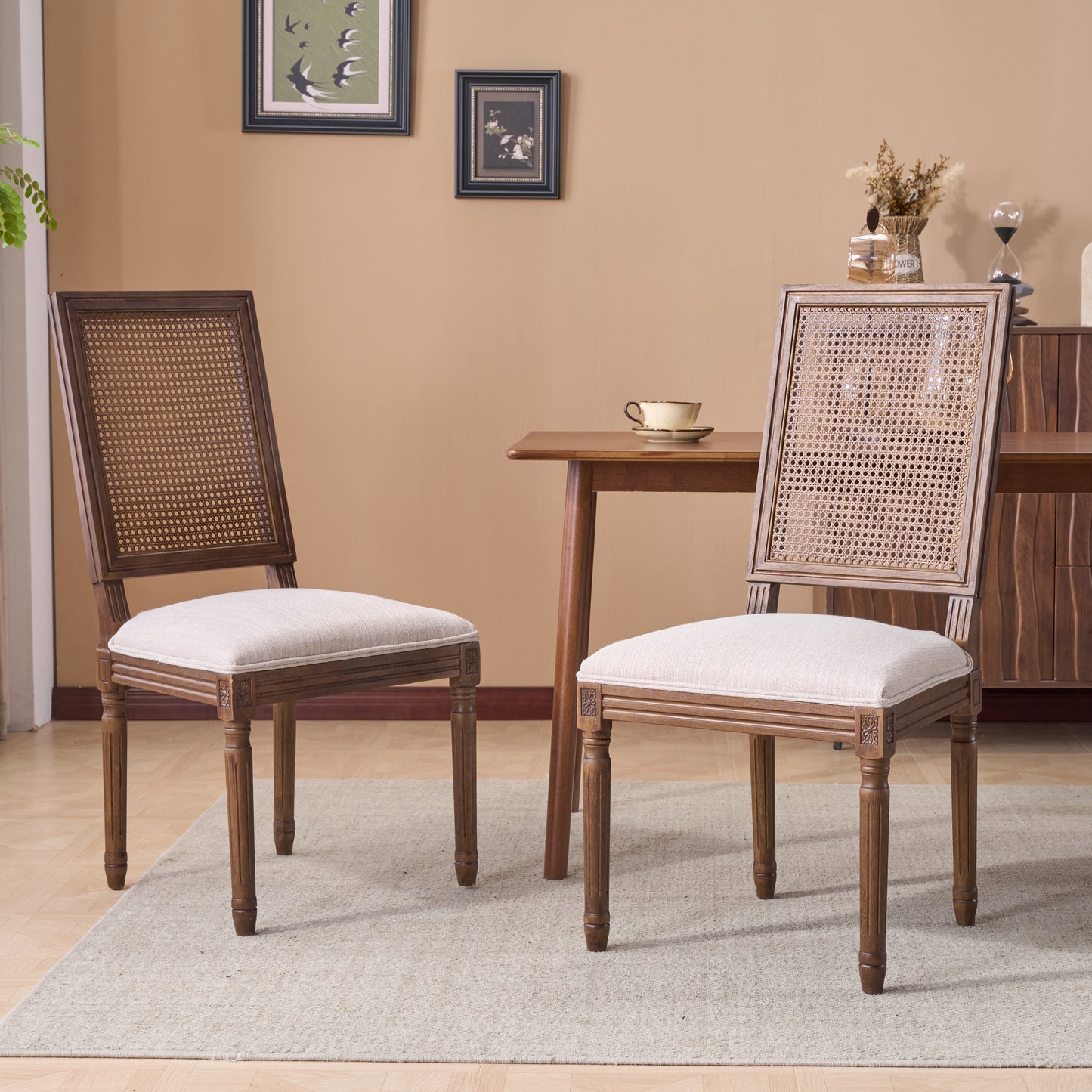 French Country Dining Chairs - Upholstered Cane Backrest - Set of 2