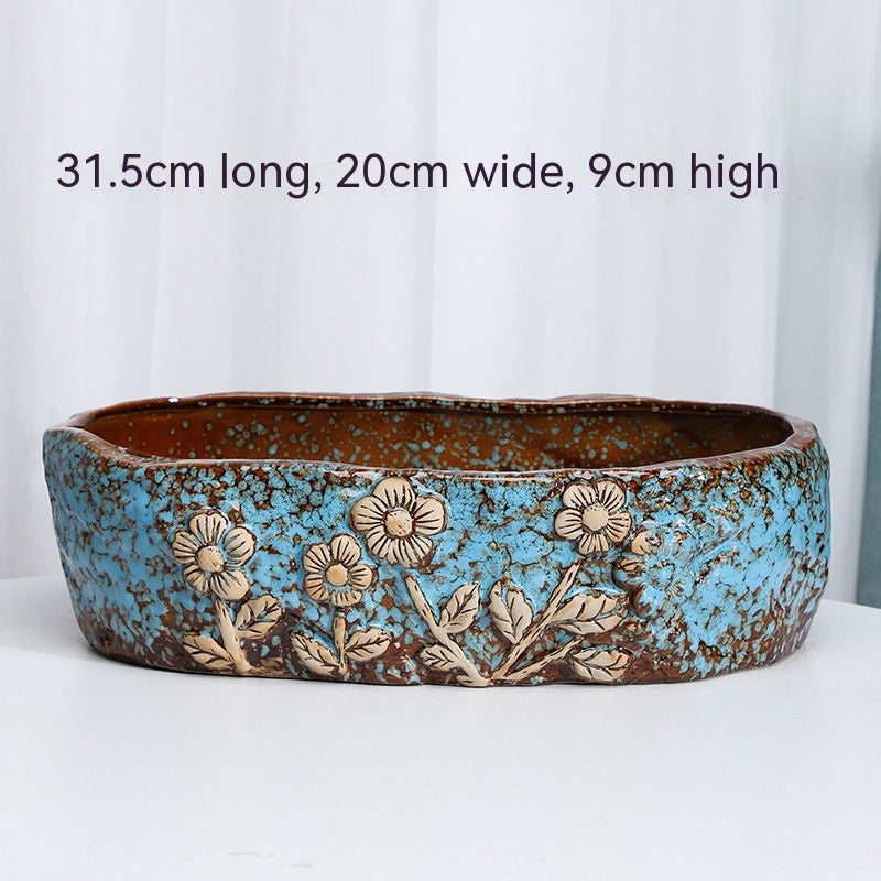Large Ceramic Flower Pot with Shallow Mouth and Oval Rectangular Design for Home Garden