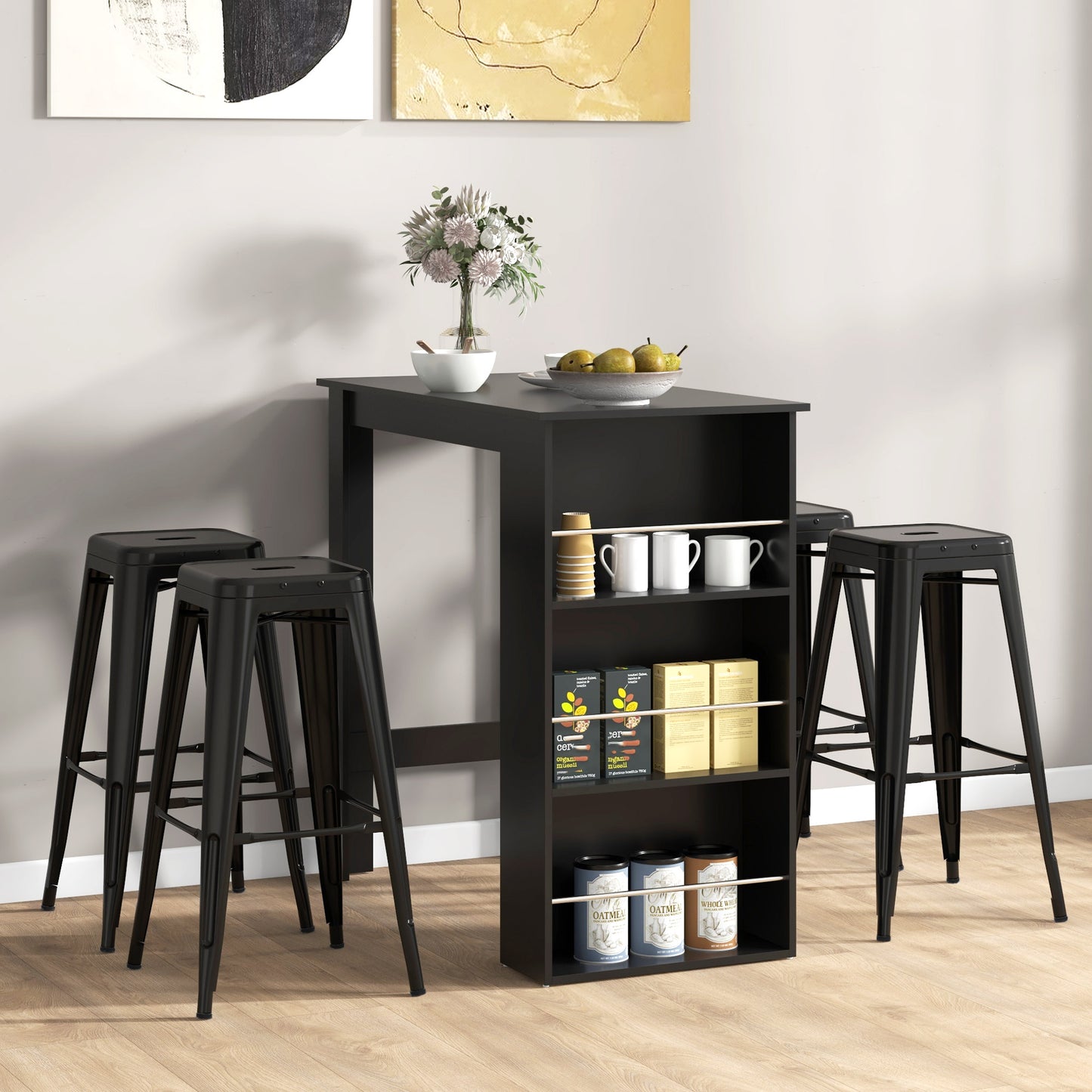 Counter Height Bar Table with 3 Storage Shelves - Black