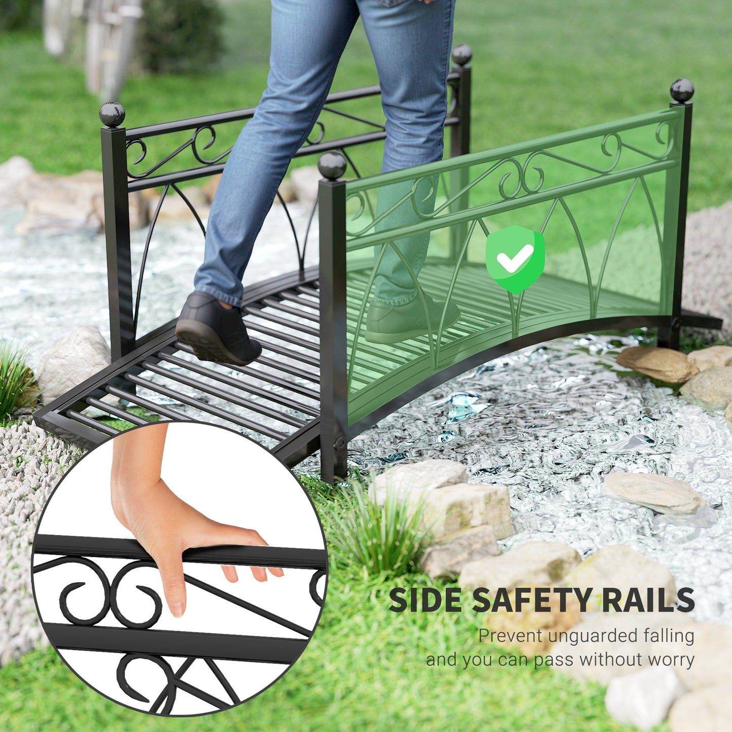 Metal Garden Pond Bridge with Safety Rails Black 1110x160x460mm