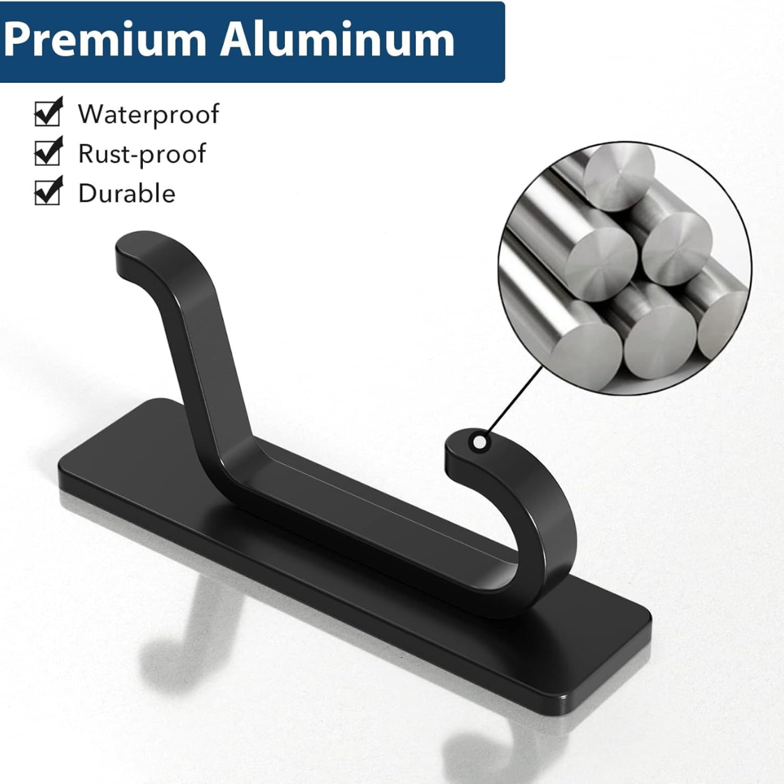 Heavy Duty Adhesive Wall Hooks 4 Pack - Black, 13LB Hold, Double Hook Design