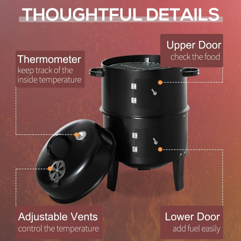 3-in-1 Vertical Charcoal BBQ Smoker Grill with Thermometer