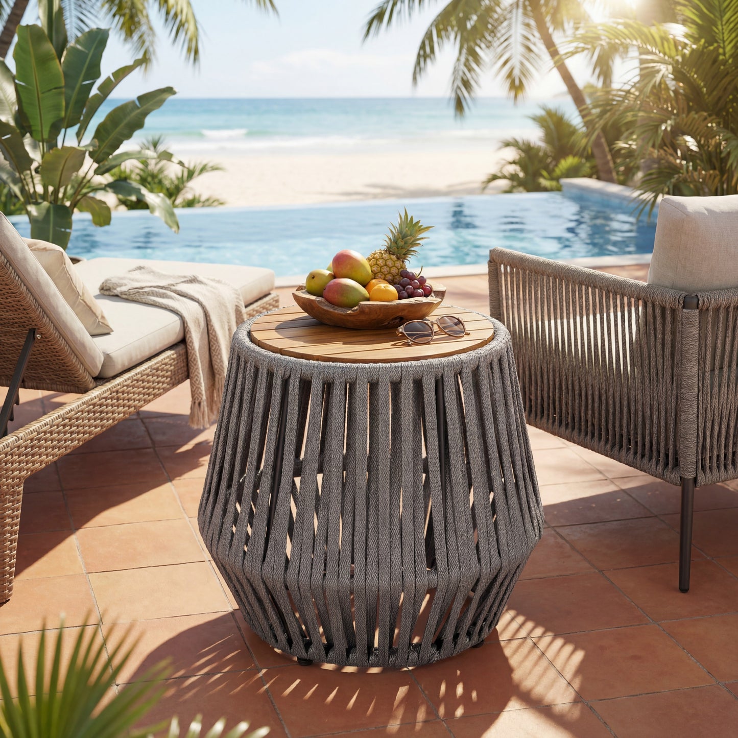 Outdoor Side Table with Acacia Wood & Grey Rope - Teak Finish