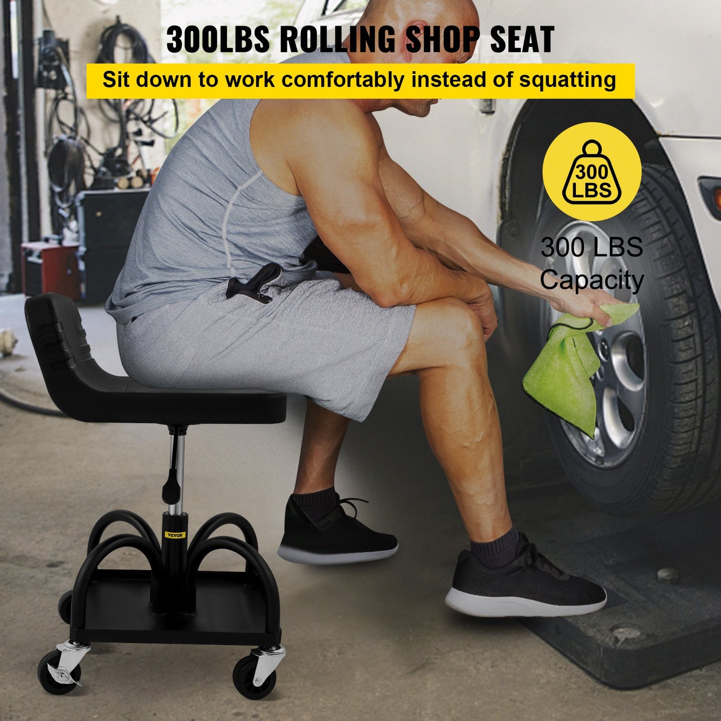 Adjustable Rolling Garage Stool - 300LBS Capacity, Tool Tray