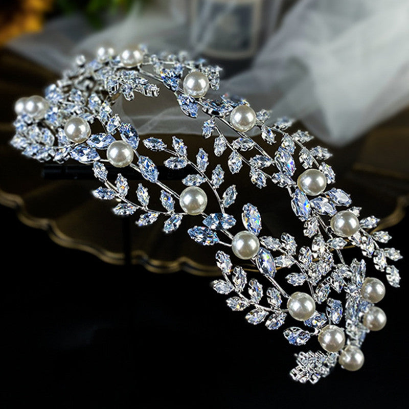 Bridal Pearl Zircon Crown Tiara - Silver