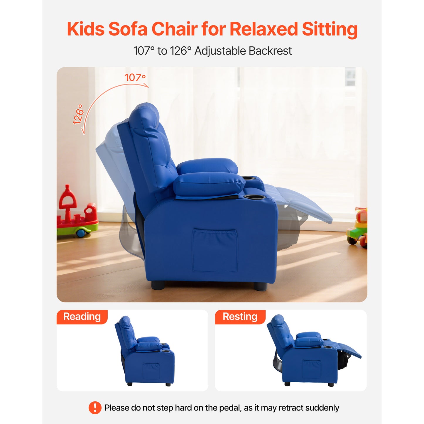 Kids Reclining Chair with Footrest & Cup Holders - Adjustable Toddler Recliner for Boys & Girls, Blue