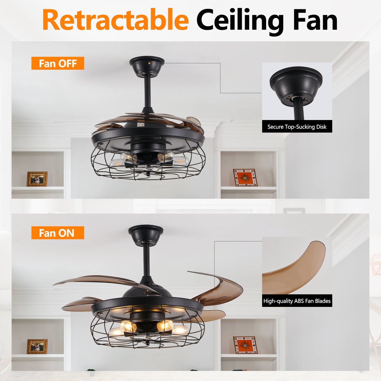 Black Remote Control Ceiling Fan - Industrial 4-Blade Design