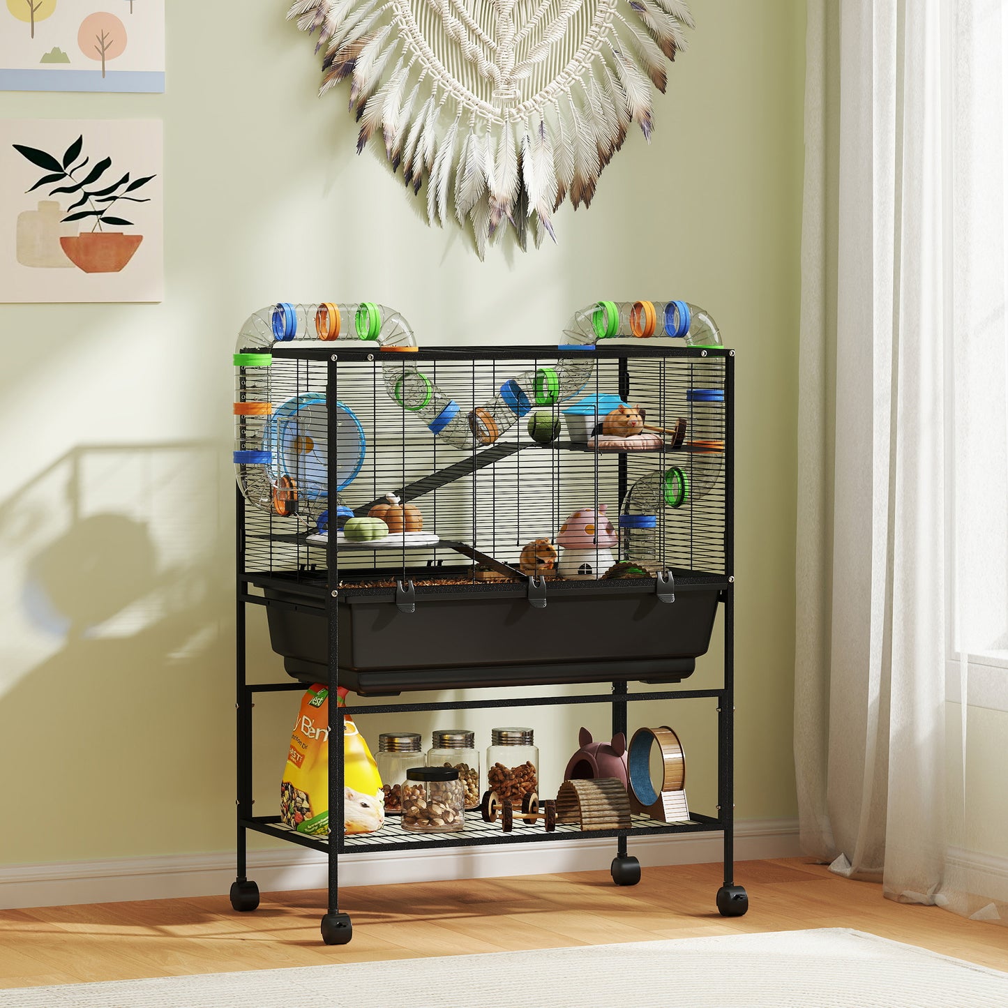 3-Tier Hamster Cage with Deep Tray, Exercise Wheel & Storage Shelf - Black