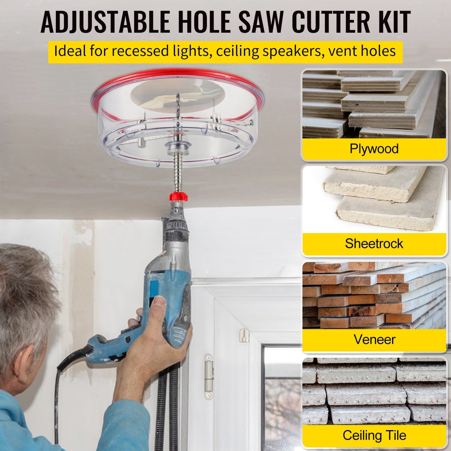 Adjustable Hole Saw Cutter Kit for Recessed Lights and Ceiling Speakers - Grey