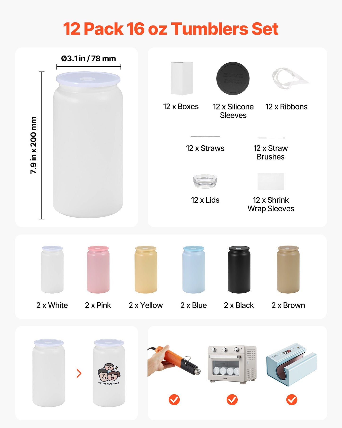 16oz Sublimation Tumblers Bulk Pack - Double Wall Stainless Steel with Lids & Straws, Multi-Color, DIY Customization