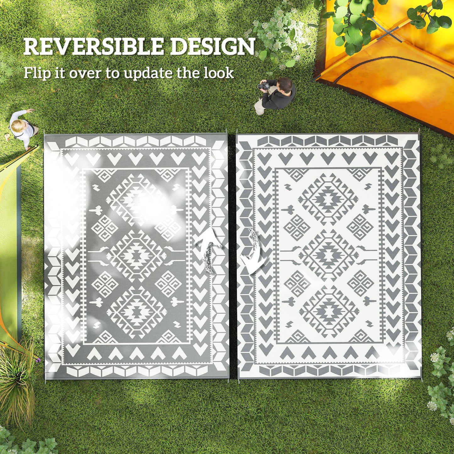 Reversible Outdoor Rug - Waterproof Plastic Straw, 9' x 12', Gray & White Rhombus