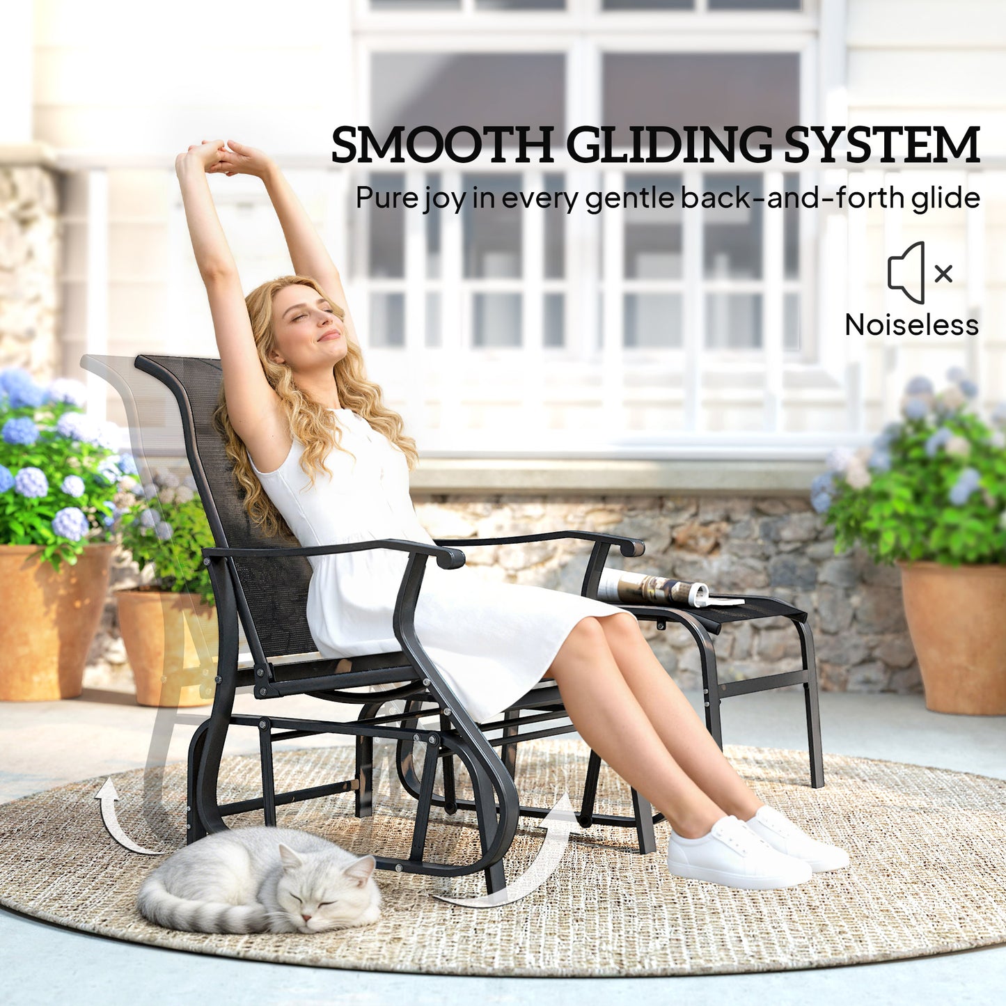Outdoor Glider Chair Set with Ottoman - Black, Breathable Mesh
