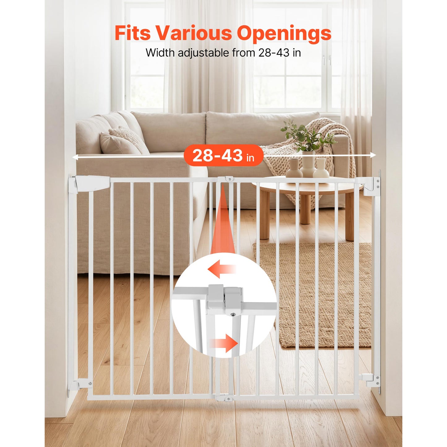Adjustable Baby Gate for Stairs and Doorways, No Bottom Bar, One-Hand Operation, Easy Installation, White