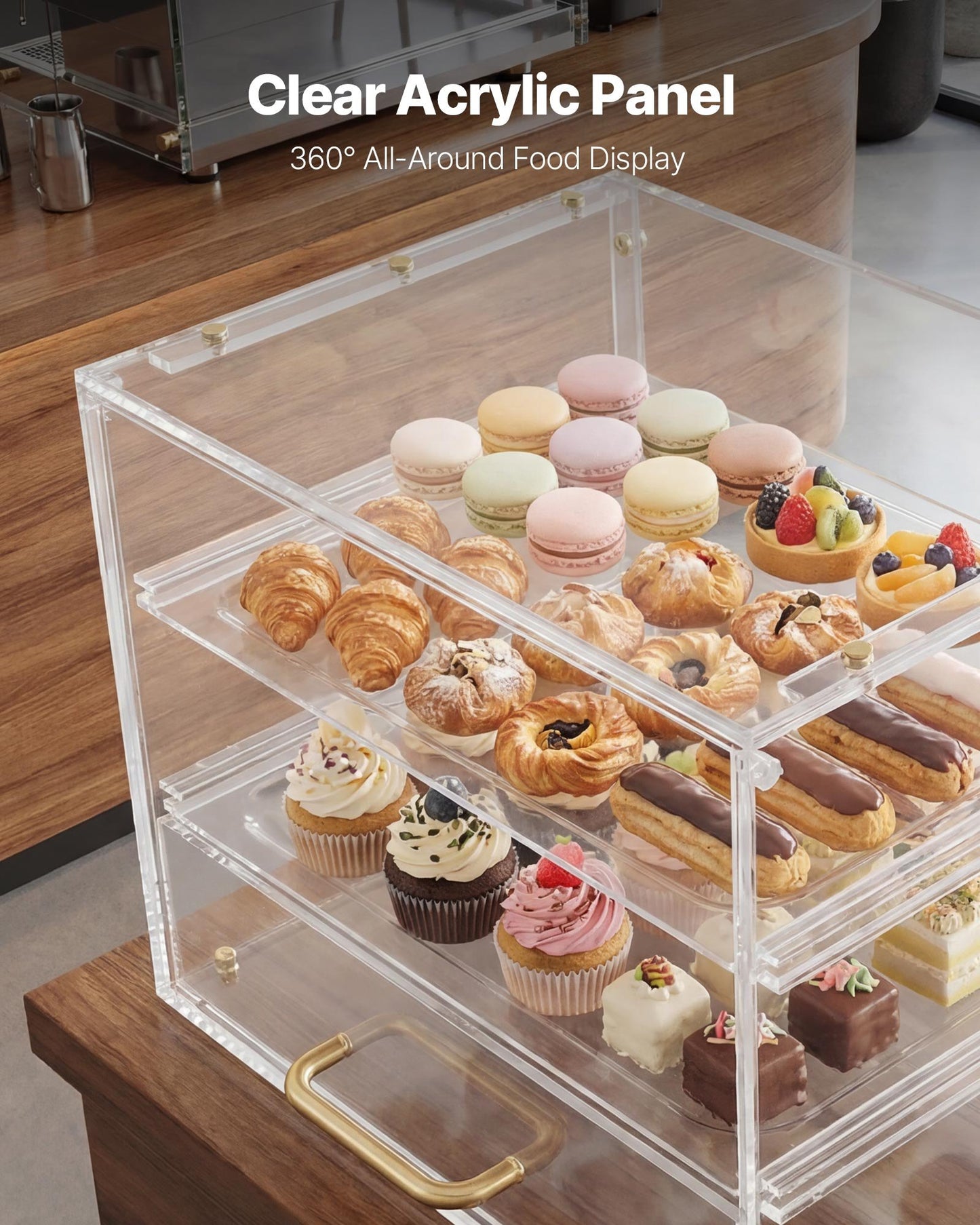 Clear Acrylic Bakery Display Case 3-Tier Pastry Counter with Flip-Up Door