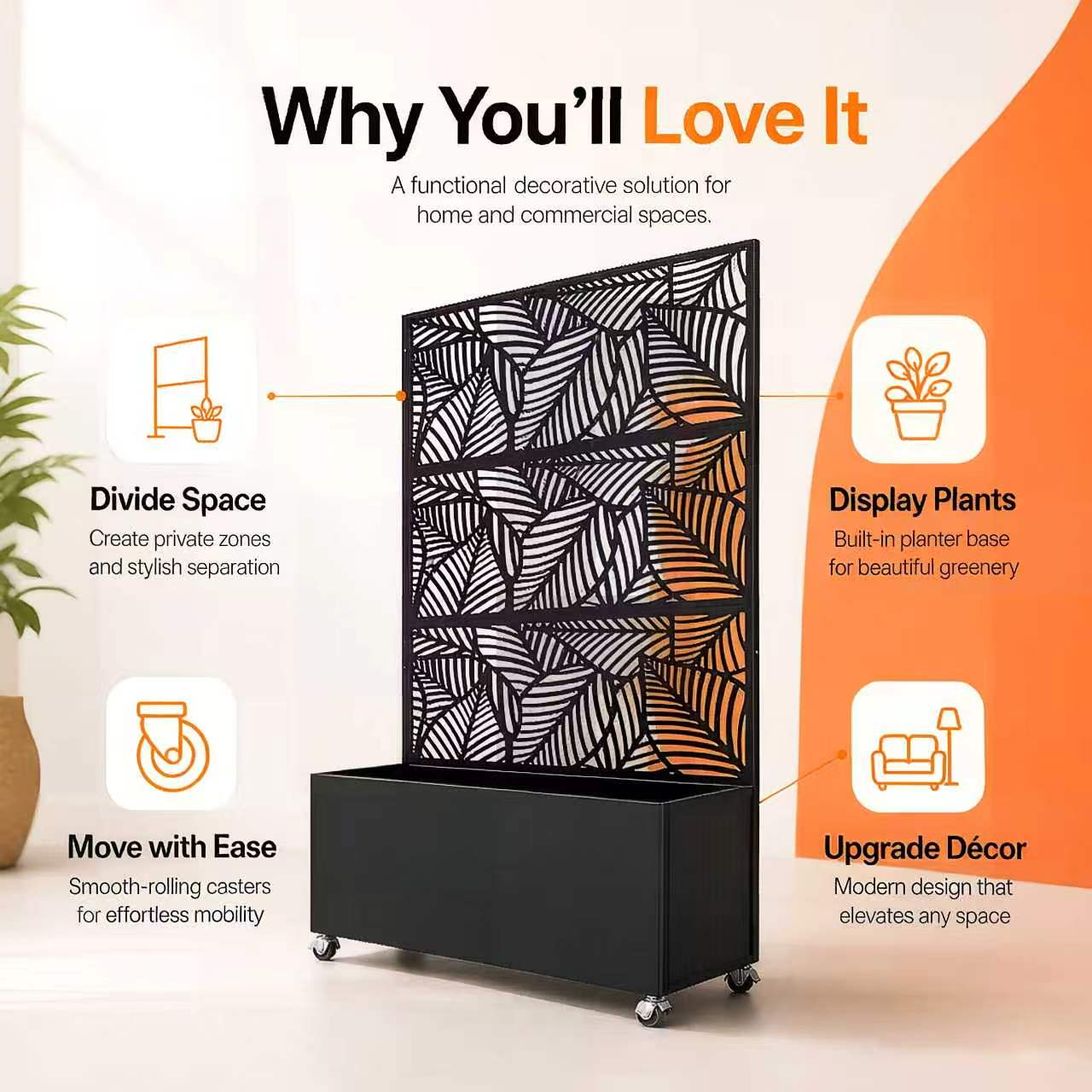 Leaf Pattern Privacy Screen with Planter Box - Black Metal