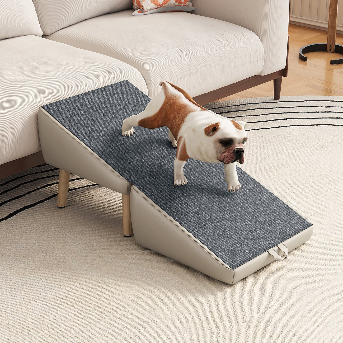 Foldable Wooden Dog Steps for Small Dogs and Cats - Non-Slip Ramp for Couch and Bed, Light Grey