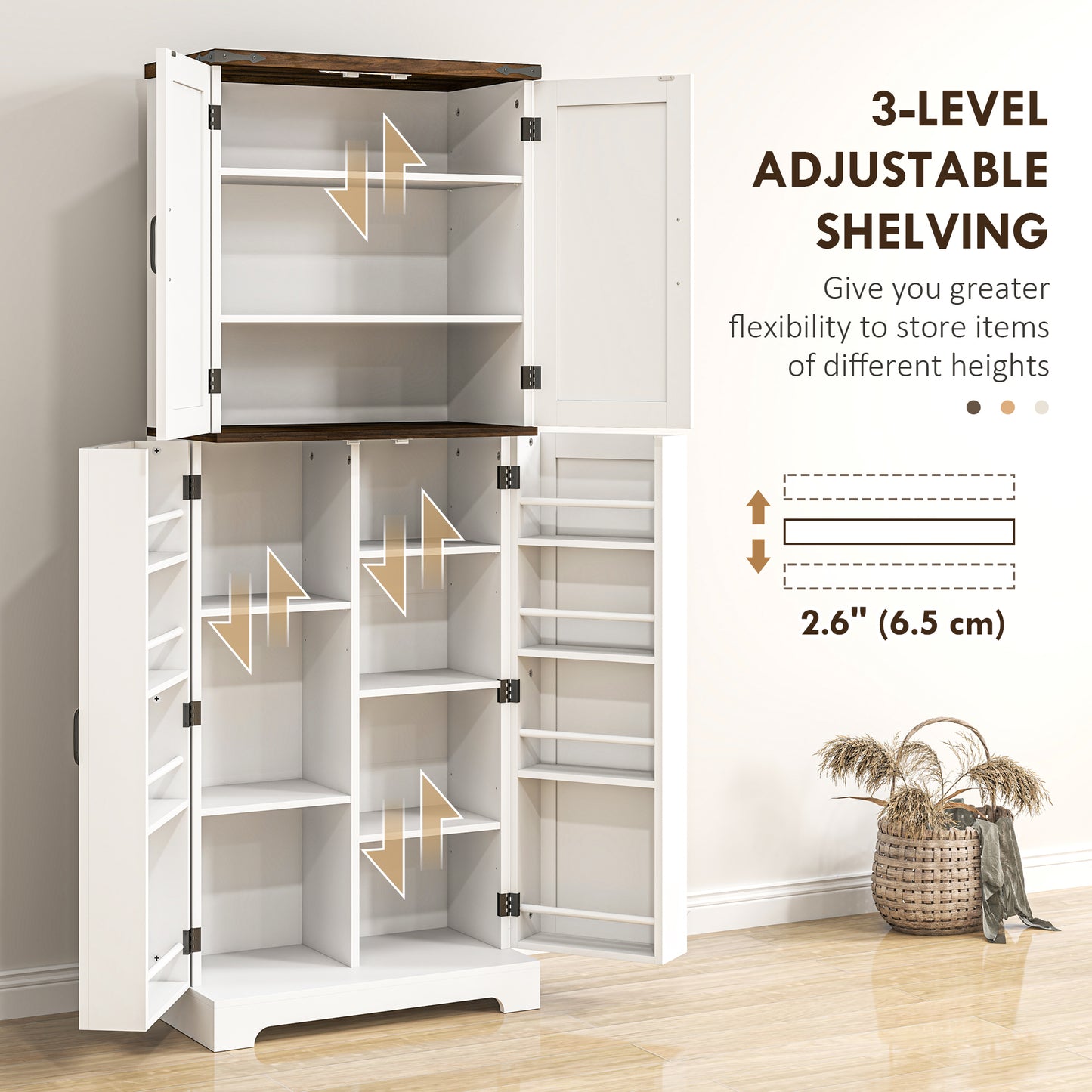 64" Tall Kitchen Pantry Cabinet with Adjustable Shelves & LED Light