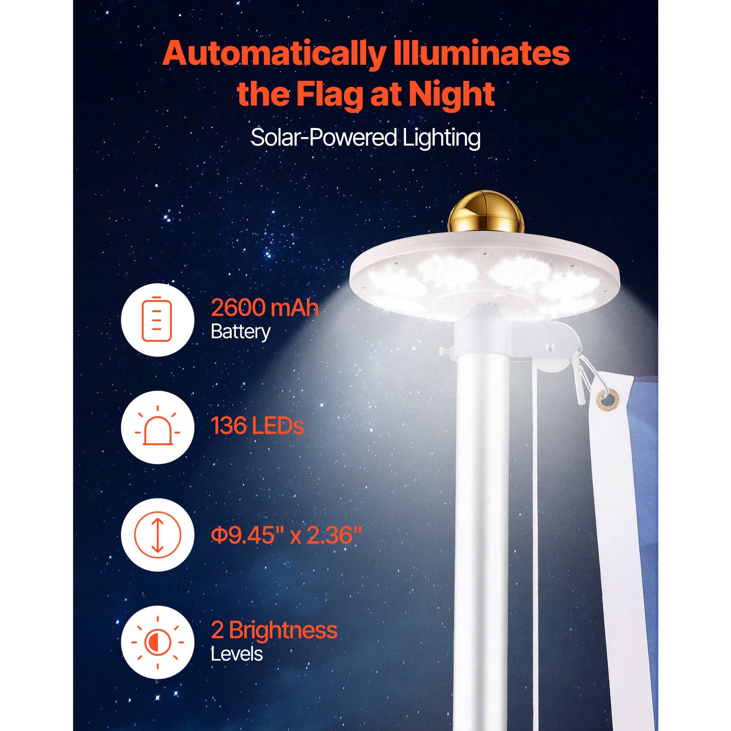20ft Heavy Duty Aluminum Flagpole Kit with 136 LED Solar Light and American Flag for Yard & Garden