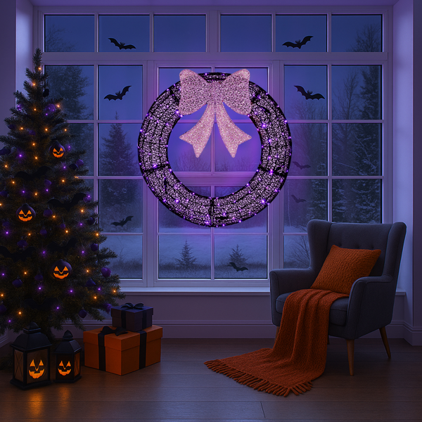 36-Inch Pre-Lit Christmas Wreath with Remote Control LED Lights - Purple Bow
