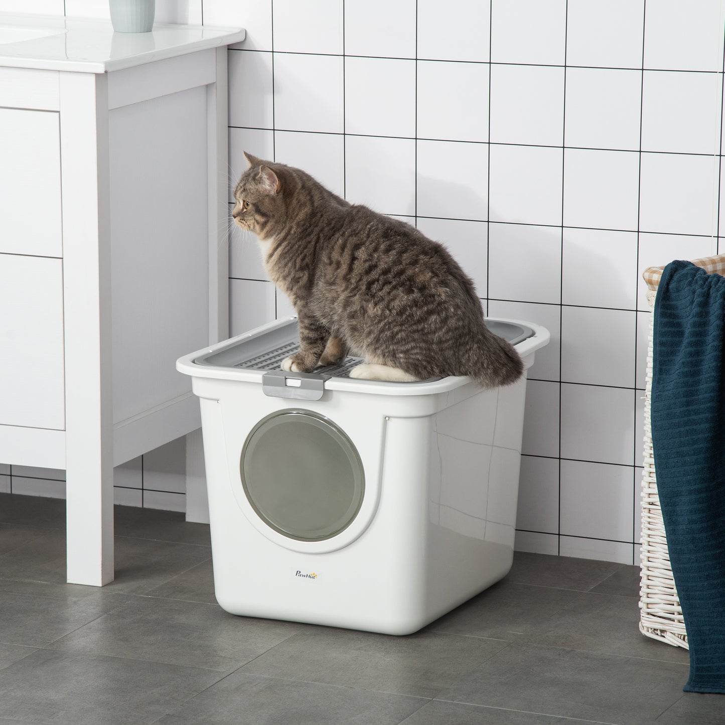 Covered Cat Litter Box with Front Entrance and Top Exit - Easy Cleaning, Odor Control, White