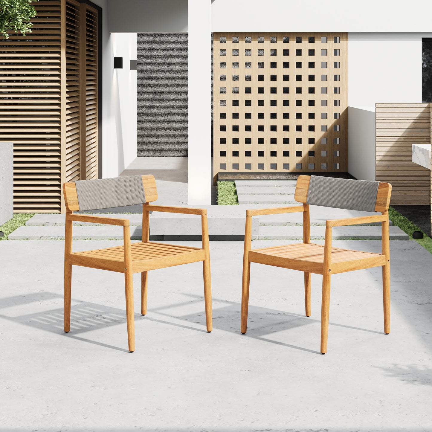 CREATIVE BRAIDED ACACIA WOOD OUTDOOR DINING CHAIRS WITH ARMRESTS,