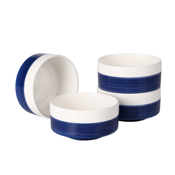 10 oz White-Blue Ceramic Bowls Set of 4 - Microwave & Dishwasher Safe