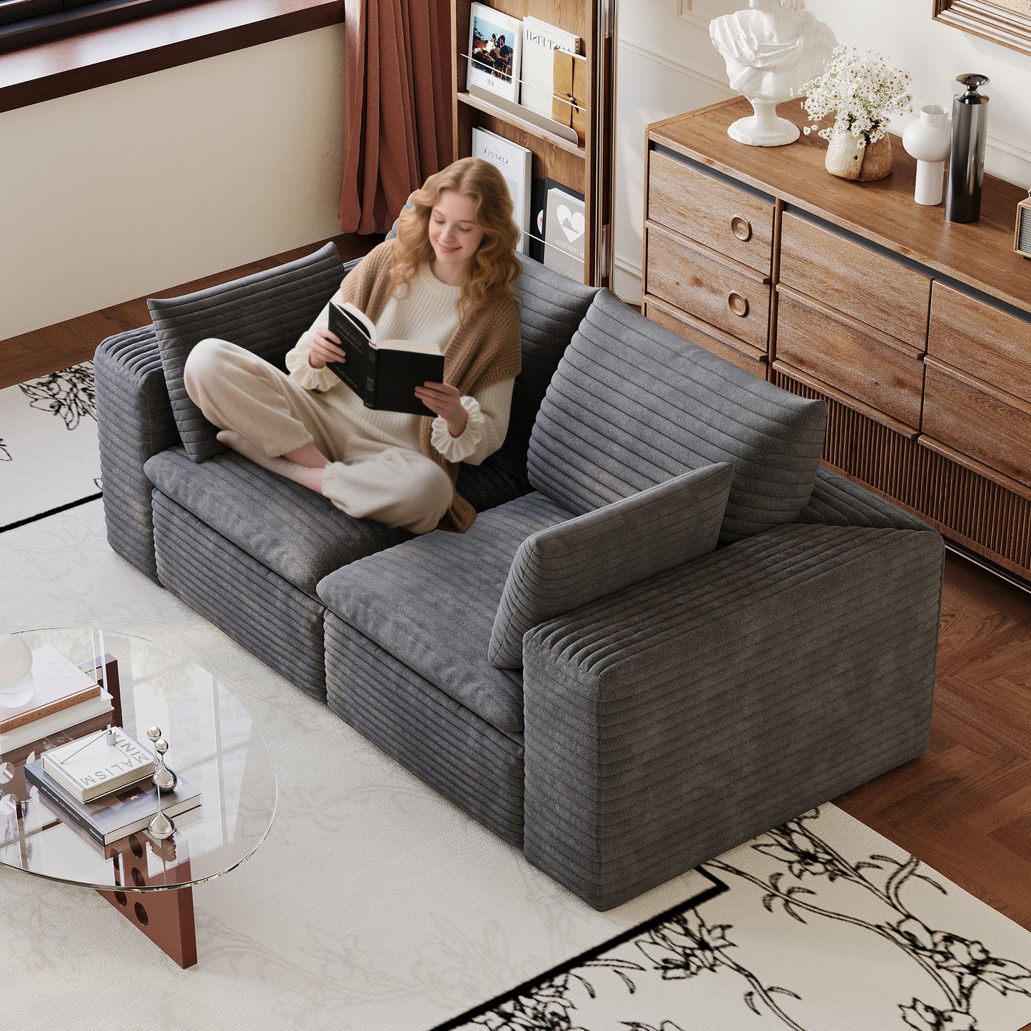 71" Cloud Sofa - Deep Seat Corduroy Couch with Removable Cushion - Dark Grey