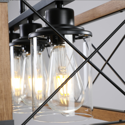 32 Inch Walnut and Black Farmhouse Pendant Light with 5 Lampshades - Ceiling Lighting Fixture for Kitchen & Dining
