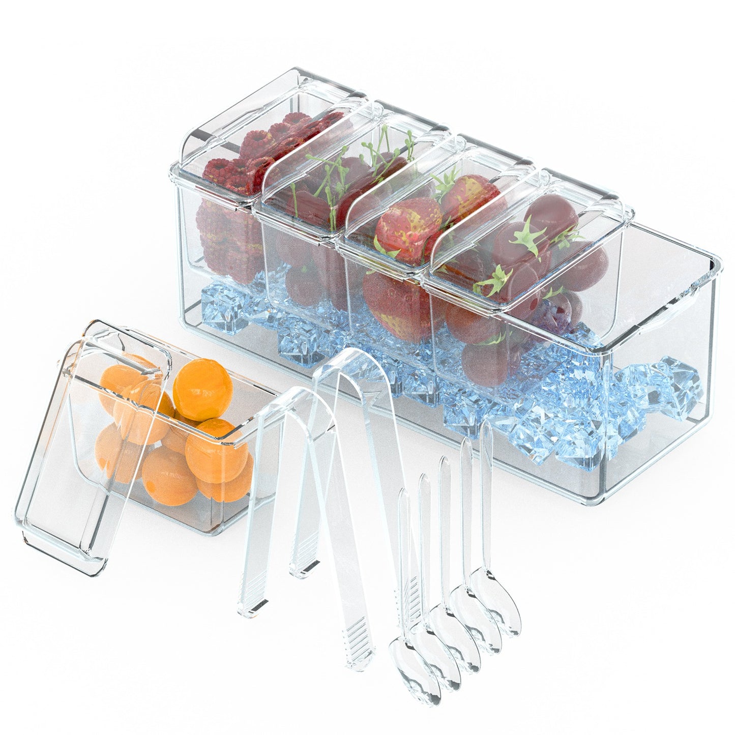 Ice Chilled Condiment Caddy with 5 Removable Food Trays & Tongs