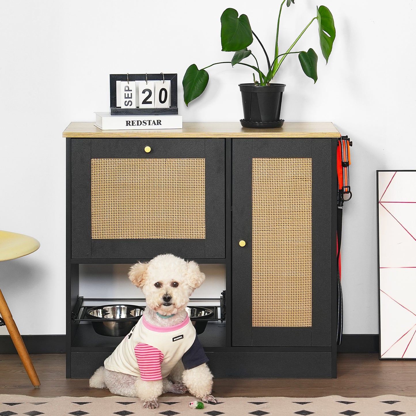 Elevated Pet Feeding Station with 2 Lockers & Side Hooks - Black+Vintage