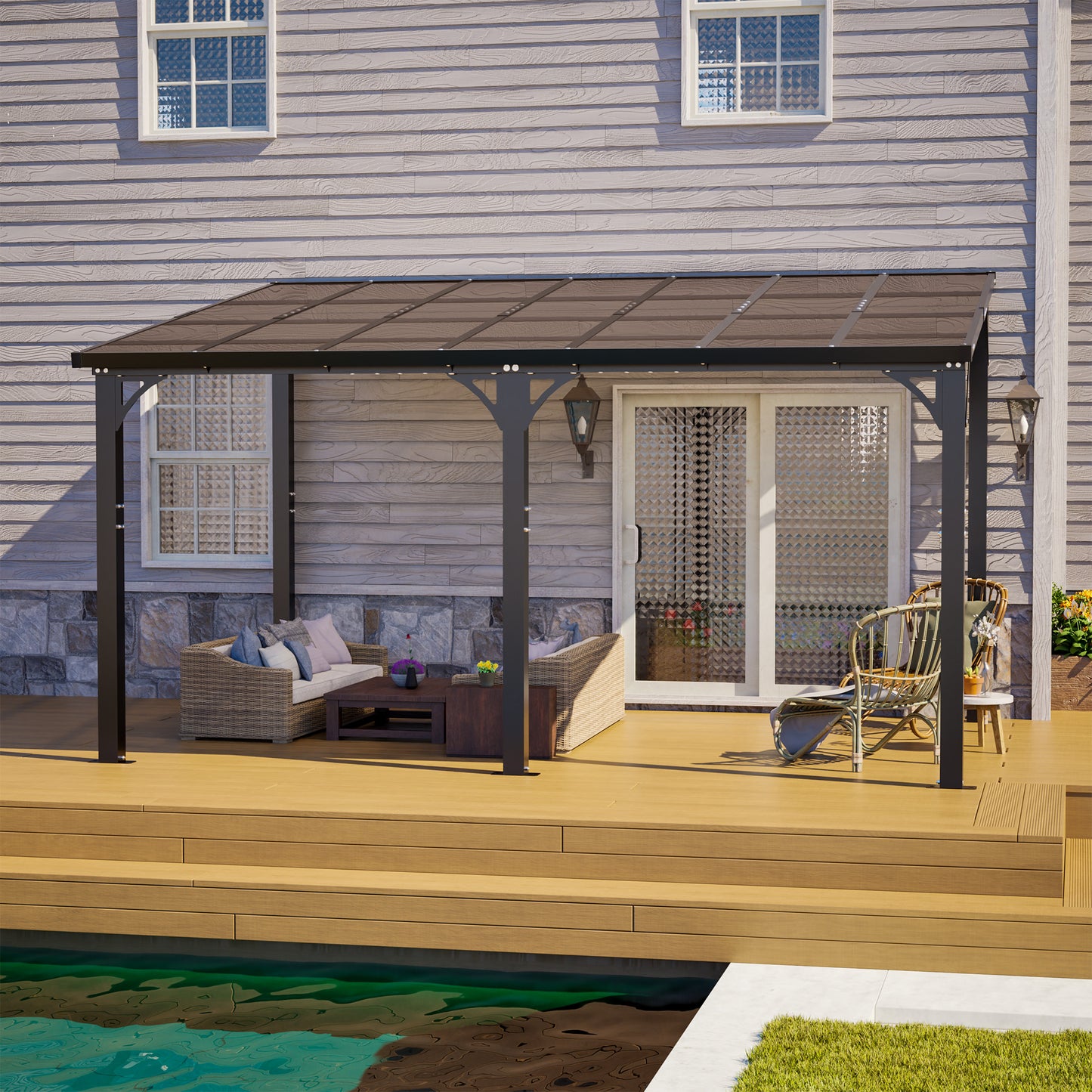 14x10 FT Hardtop Gazebo with Polycarbonate Roof - Brown