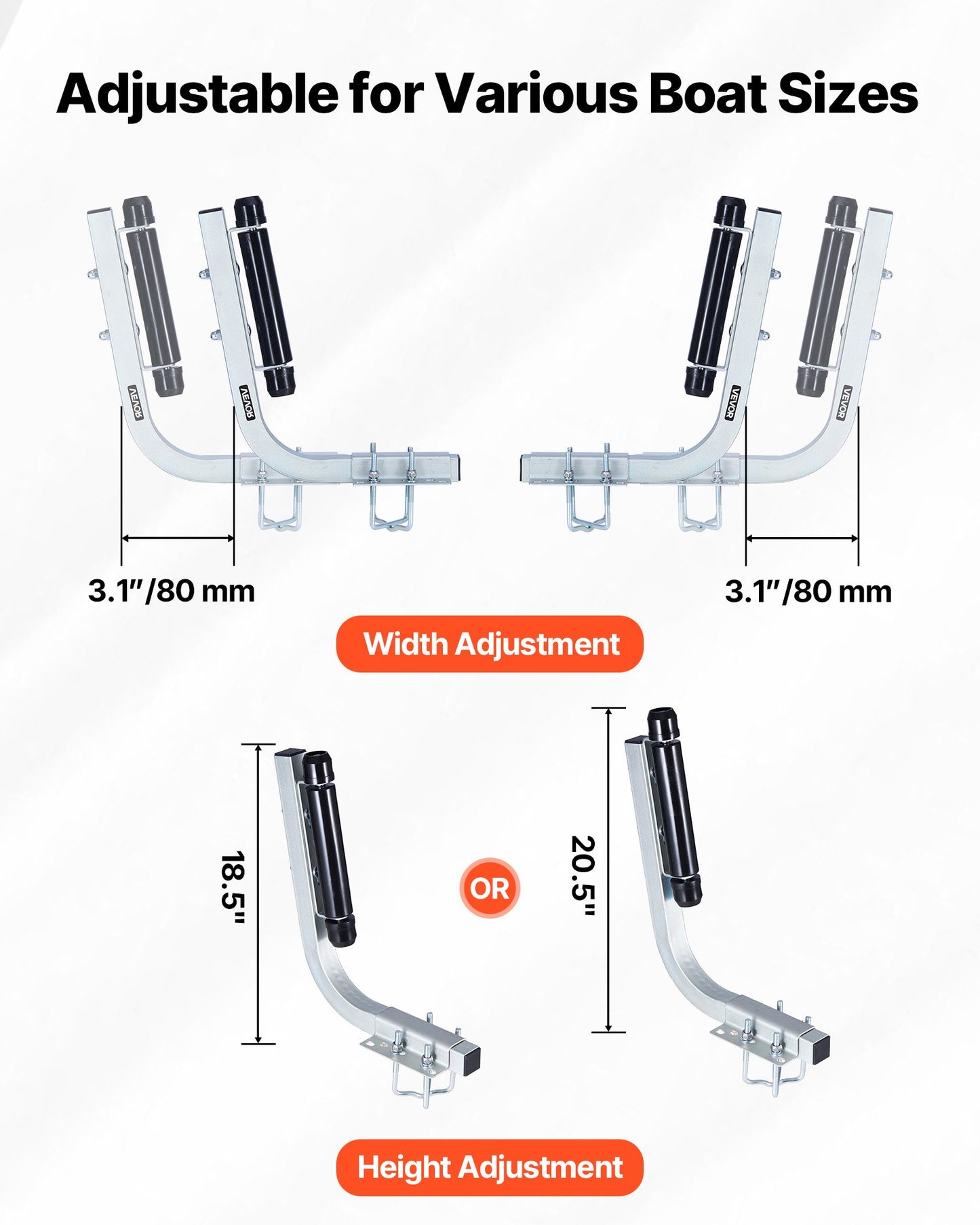 Boat Trailer Guides 18.5-20.5 Inch Height Adjustable Steel Guide-Ons with Rollers