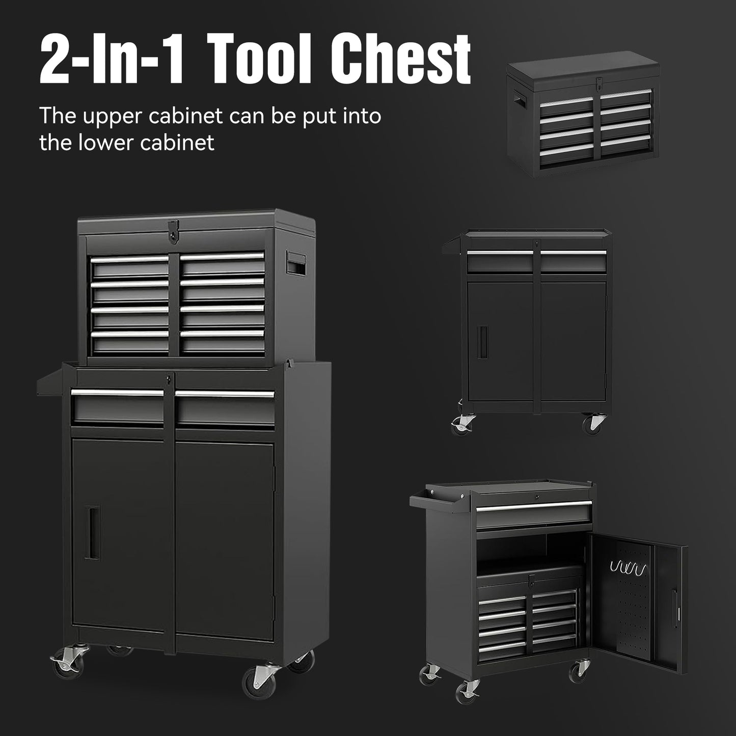 Rolling Tool Chest with 5 Drawers, Lockable Cabinets & Detachable Top - Black Steel Garage Storage