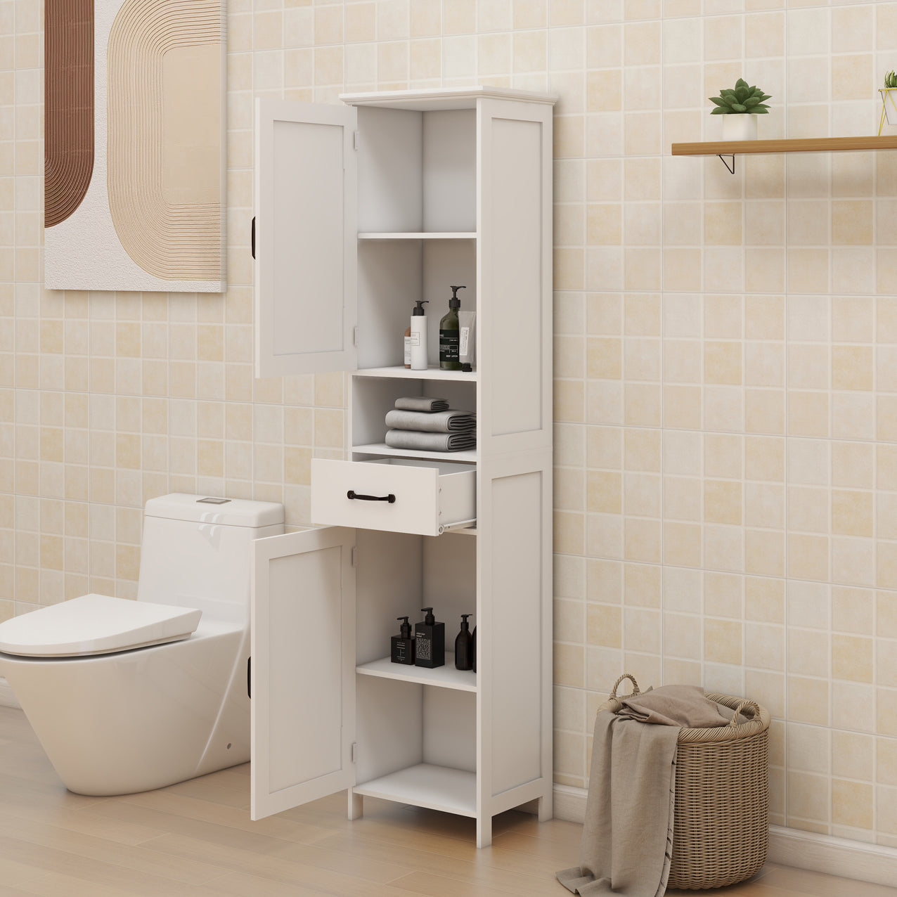 Narrow Slim Floor Standing Cabinet - 65'' Height, White