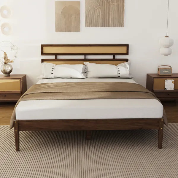 Queen Size Rattan Woven Headboard - Bohemian Style, Dark Walnut