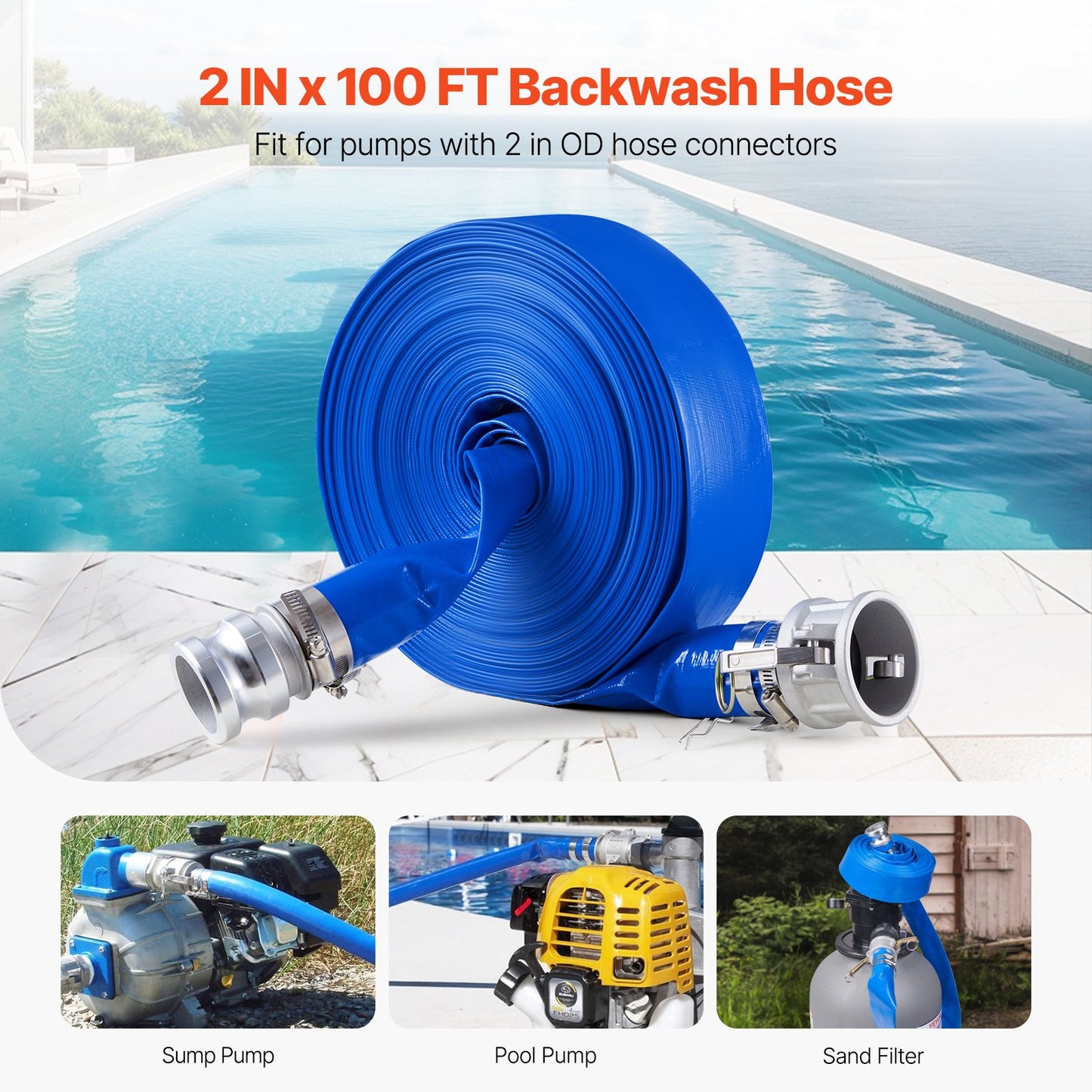 Blue Backwash Hose 2 In x 100 Ft High-Quality PVC Garden Water Hose with Fittings