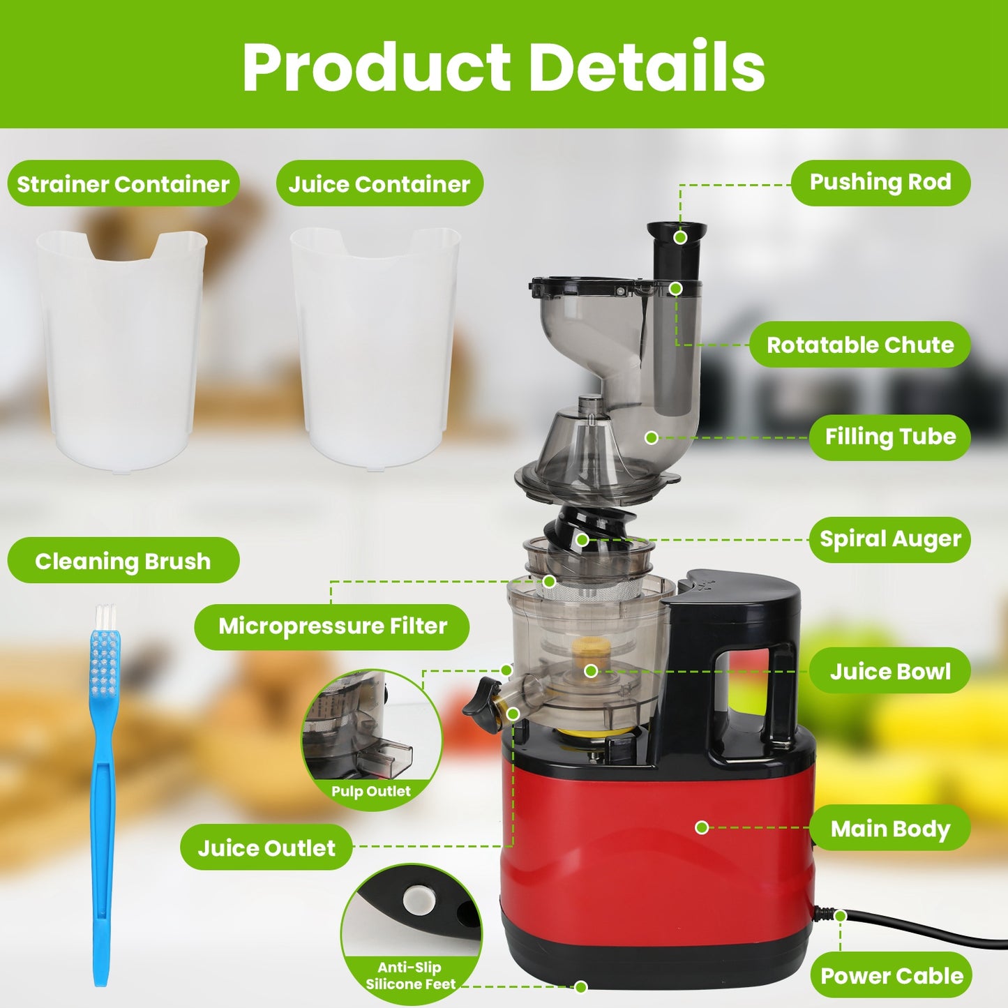 Cold Press Juicer Machine 300W Slow Masticating Juicer with Reverse Function - Red