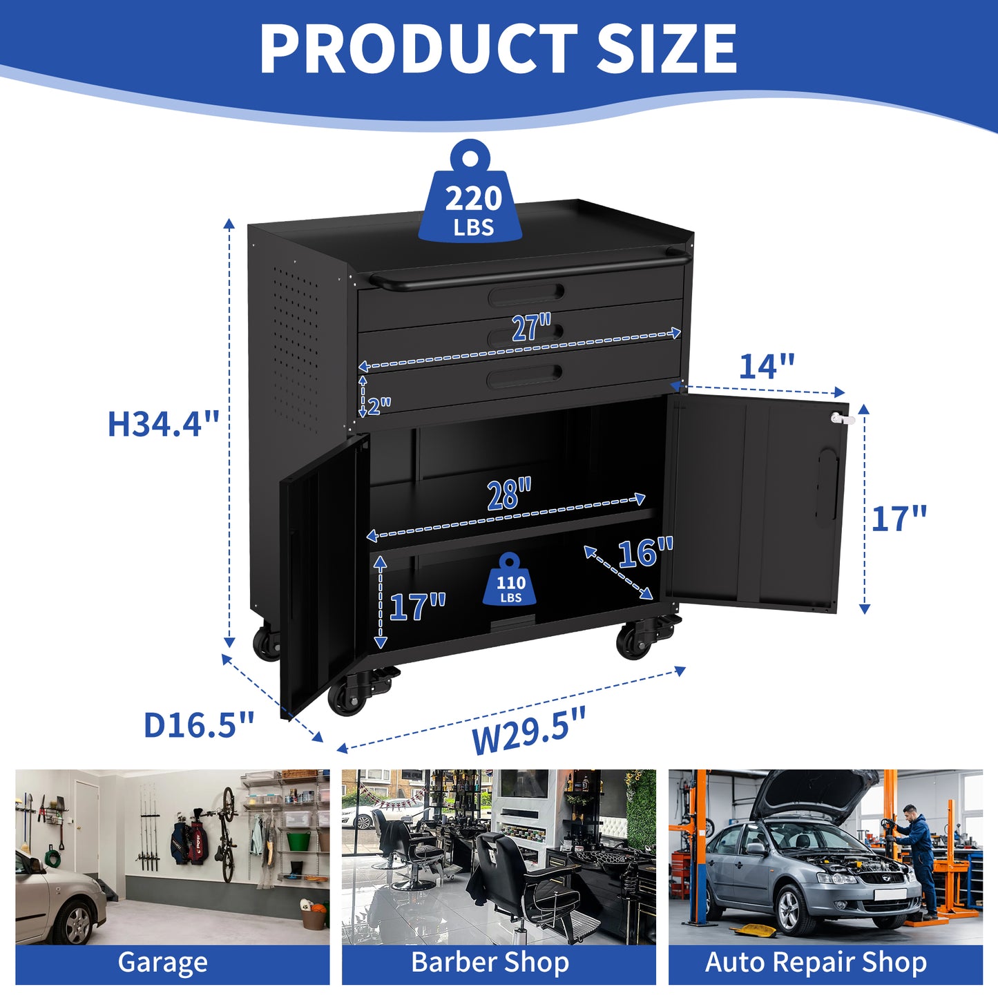 34.3 Rolling Metal Tool Cabinet - Heavy Duty Garage Storage With