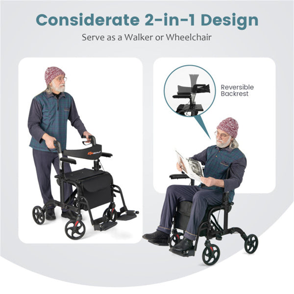 2-in-1 Rollator Walker and Wheelchair - 300lbs Capacity, Adjustable Handles, Black