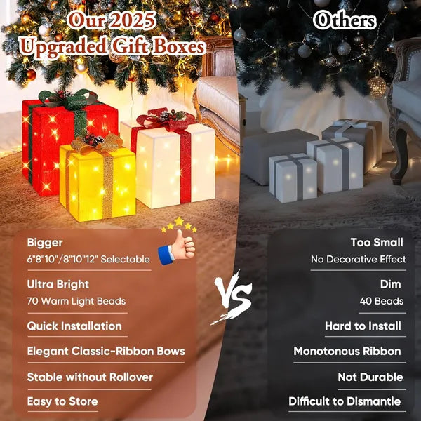 Large Christmas Gift Boxes with LED String Lights - 3 Pieces