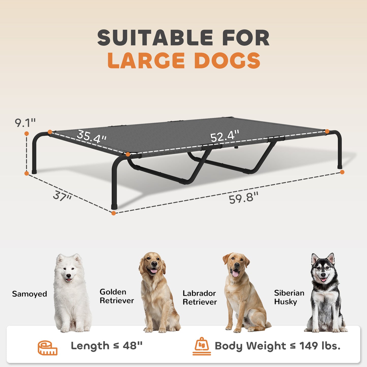 Elevated Large Dog Bed 60 Inch Gray Support Mesh Comfort Indoor Outdoor