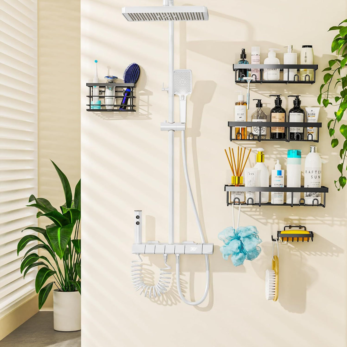 Punch-Free Wall Hanging Bathroom Storage Rack Set - Modern 5-Piece Black