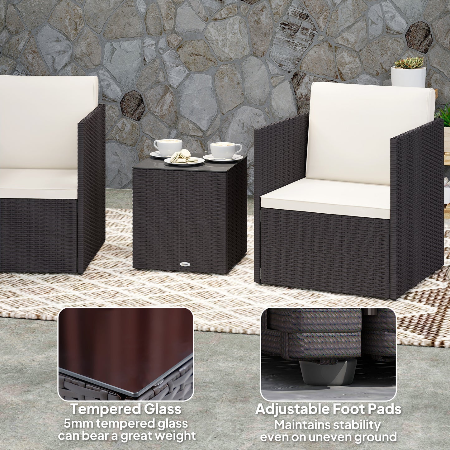 Folding Wicker Bistro Set - 3 Piece Patio Furniture with Cushions