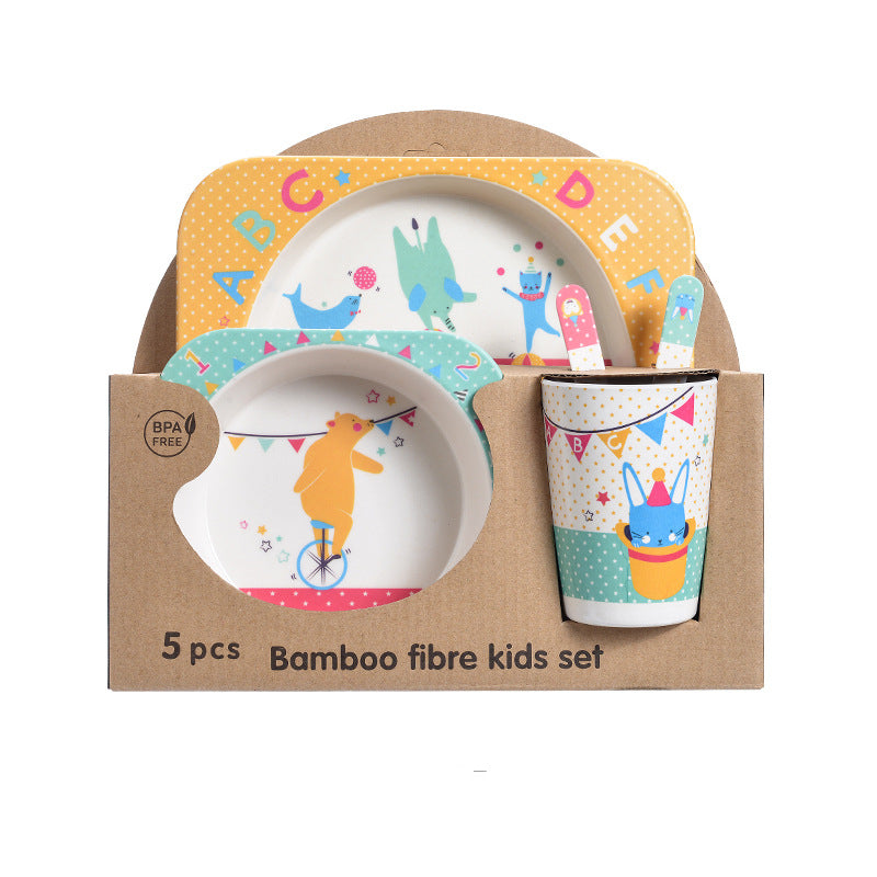 Baby Bamboo Tableware Set 5pcs - Cartoon Childrens Dinnerware for Kids
