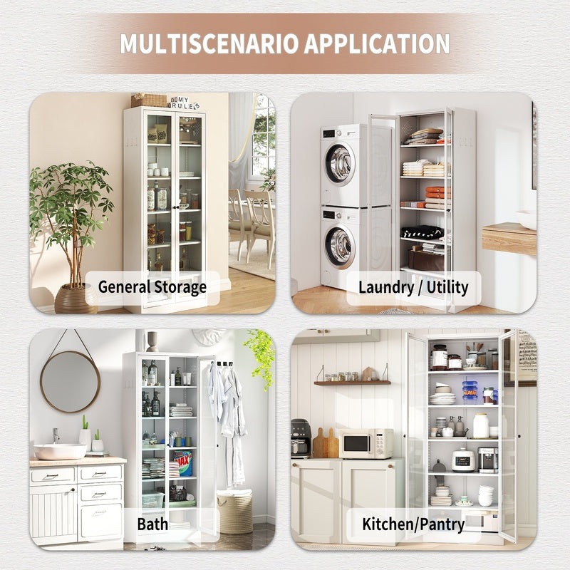 Metal Pantry Cabinet - 72" Tall with 5 Adjustable Shelves, White
