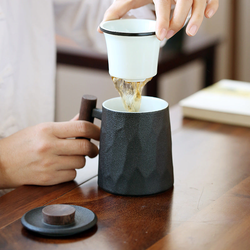 Ceramic Office Tea Cup with Wooden Handle and Lid 450ml Black