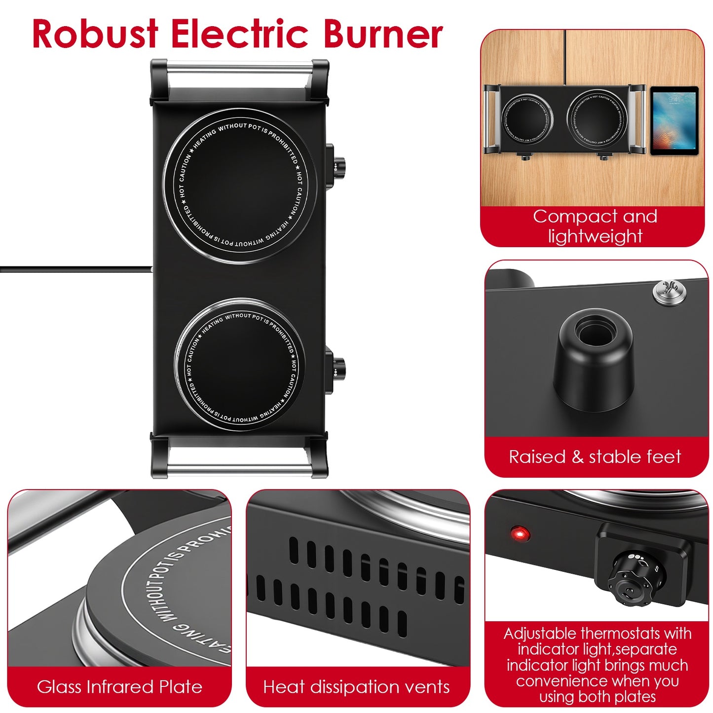 1800W Double Hot Plate Stove with Stepless Temperature Control, Portable Handles