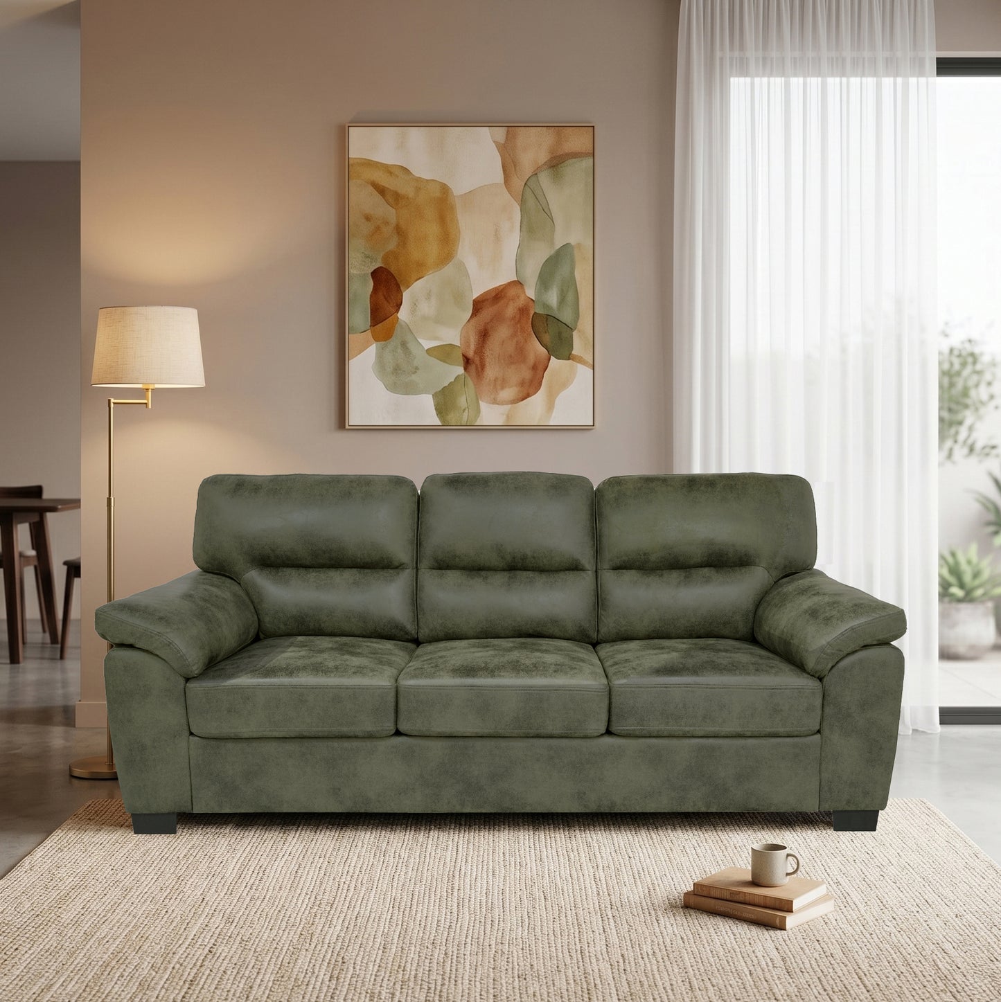 81" Olive Green Mid-Century Modern 3-Seater Sofa with Padded Armrests